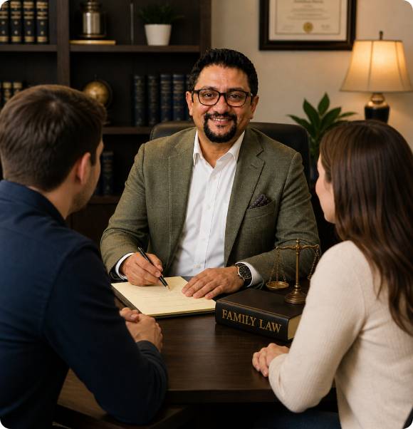 Binoye Jos consulting with clients in a professional law office setting focused on family law matters